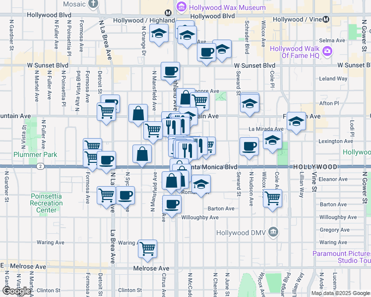 map of restaurants, bars, coffee shops, grocery stores, and more near 1145 North McCadden Place in Los Angeles