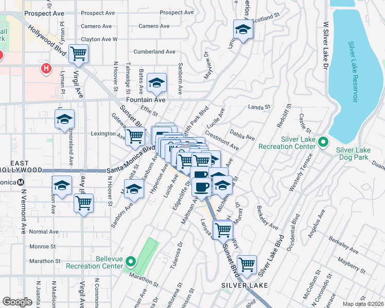 map of restaurants, bars, coffee shops, grocery stores, and more near 1630 Griffith Park Boulevard in Los Angeles