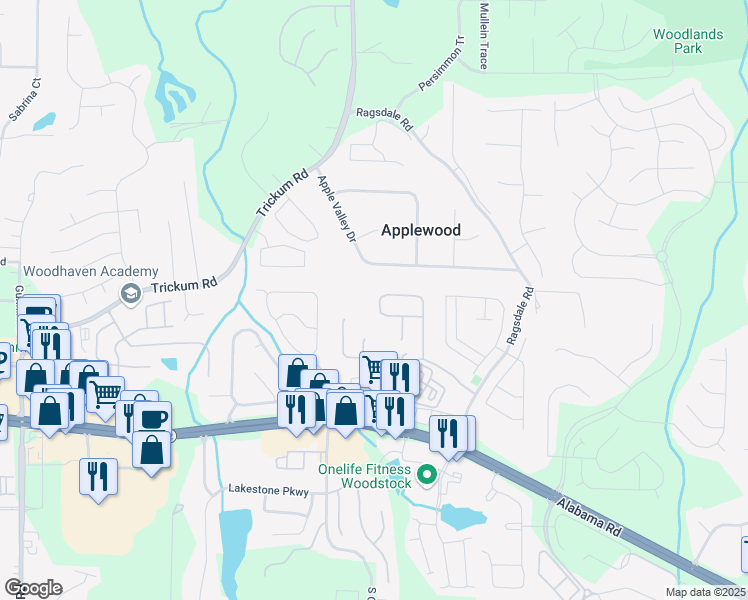 map of restaurants, bars, coffee shops, grocery stores, and more near 260 Weatherstone Drive in Woodstock