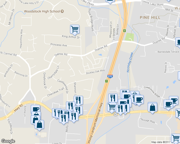 map of restaurants, bars, coffee shops, grocery stores, and more near 690 Stickley Oak Way in Woodstock