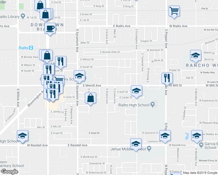 map of restaurants, bars, coffee shops, grocery stores, and more near 513 East Merrill Avenue in Rialto