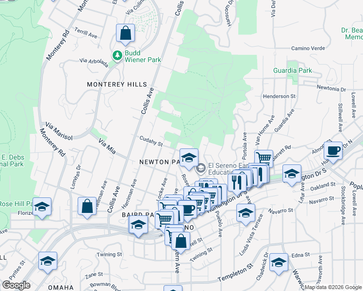 map of restaurants, bars, coffee shops, grocery stores, and more near 3912 Locke Avenue in Los Angeles