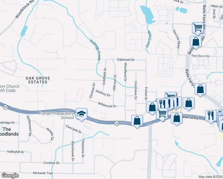 map of restaurants, bars, coffee shops, grocery stores, and more near 5657 Hillcrest Drive in Acworth
