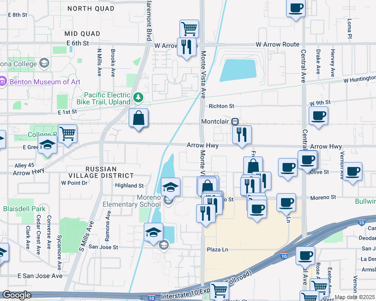 map of restaurants, bars, coffee shops, grocery stores, and more near 4847 Arrow Highway in Montclair