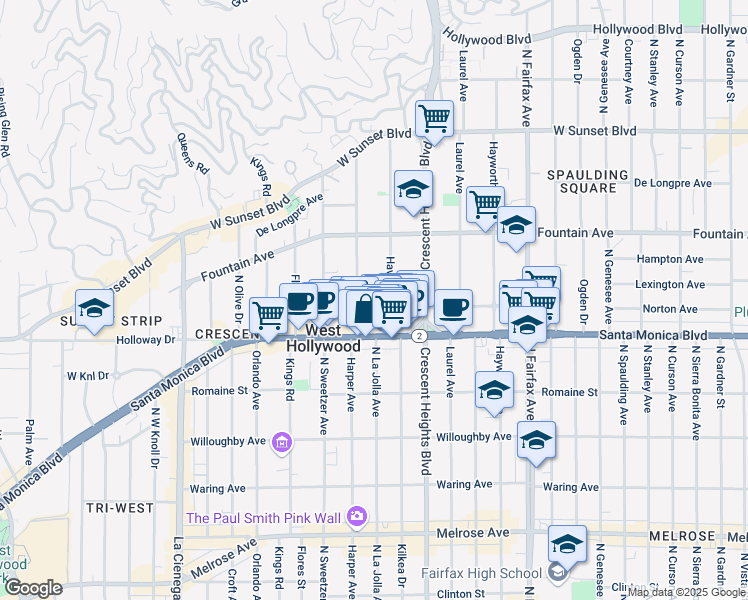 map of restaurants, bars, coffee shops, grocery stores, and more near 8213 Norton Avenue in West Hollywood