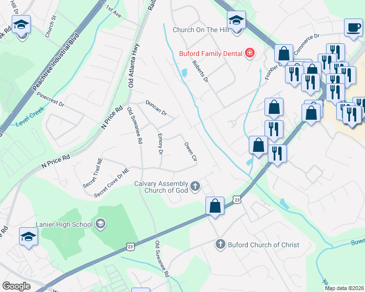 map of restaurants, bars, coffee shops, grocery stores, and more near 1262 Owen Circle in Sugar Hill