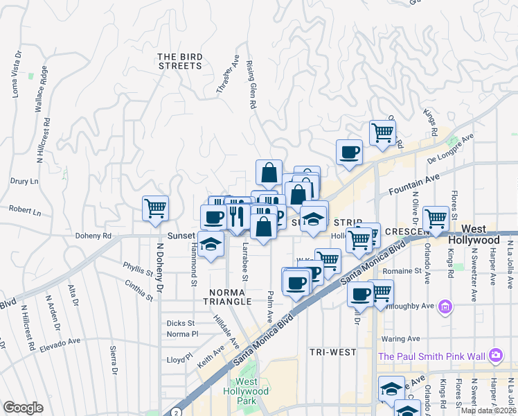 map of restaurants, bars, coffee shops, grocery stores, and more near 1147 Horn Avenue in West Hollywood