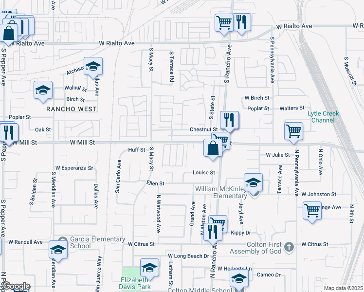 map of restaurants, bars, coffee shops, grocery stores, and more near 2250 West Mill Street in Colton