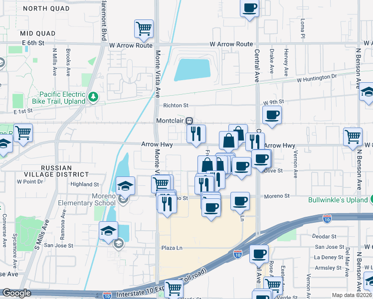 map of restaurants, bars, coffee shops, grocery stores, and more near 5001 East Arrow Highway in Montclair
