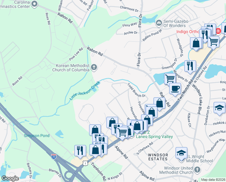 map of restaurants, bars, coffee shops, grocery stores, and more near 117 Quantas Drive in Columbia