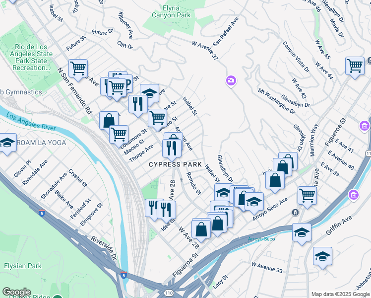 map of restaurants, bars, coffee shops, grocery stores, and more near 3340 Merced Street in Los Angeles