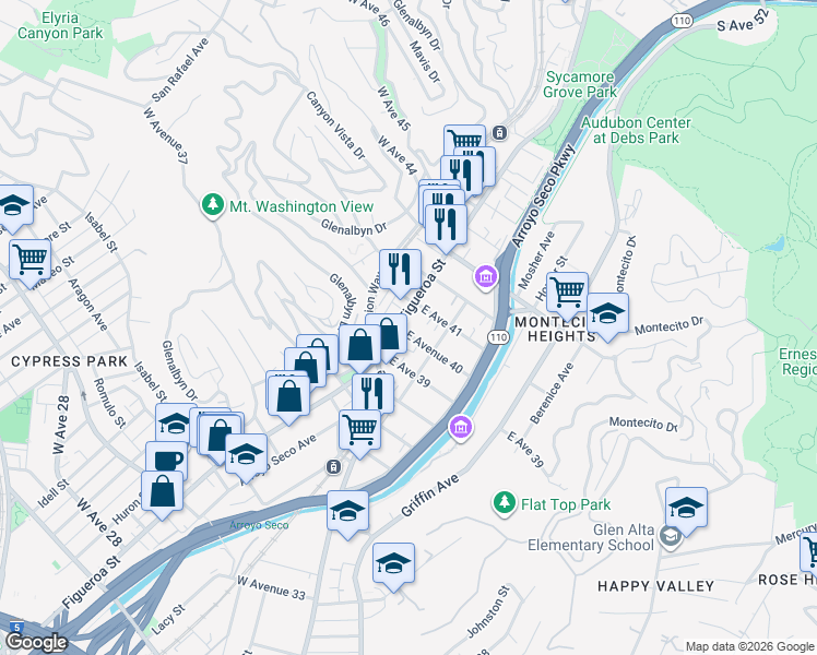 map of restaurants, bars, coffee shops, grocery stores, and more near 3933 North Figueroa Street in Los Angeles