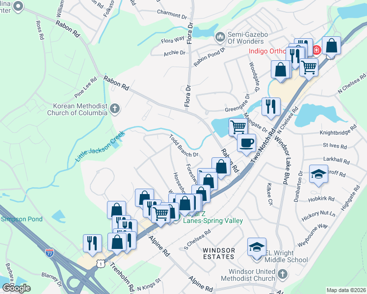 map of restaurants, bars, coffee shops, grocery stores, and more near 308 Todd Branch Drive in Columbia