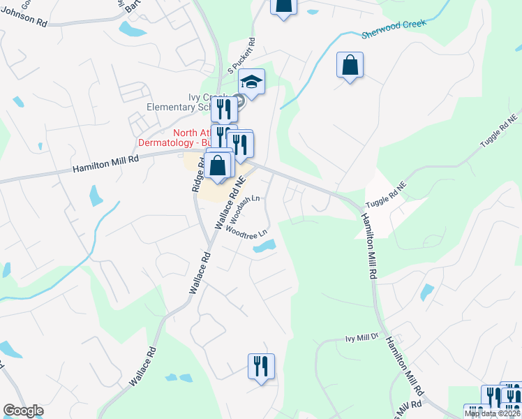 map of restaurants, bars, coffee shops, grocery stores, and more near 3338 Woodtree Lane in Buford
