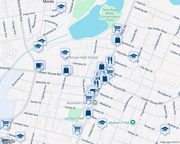 map of restaurants, bars, coffee shops, grocery stores, and more near 4822 Elrovia Avenue in El Monte