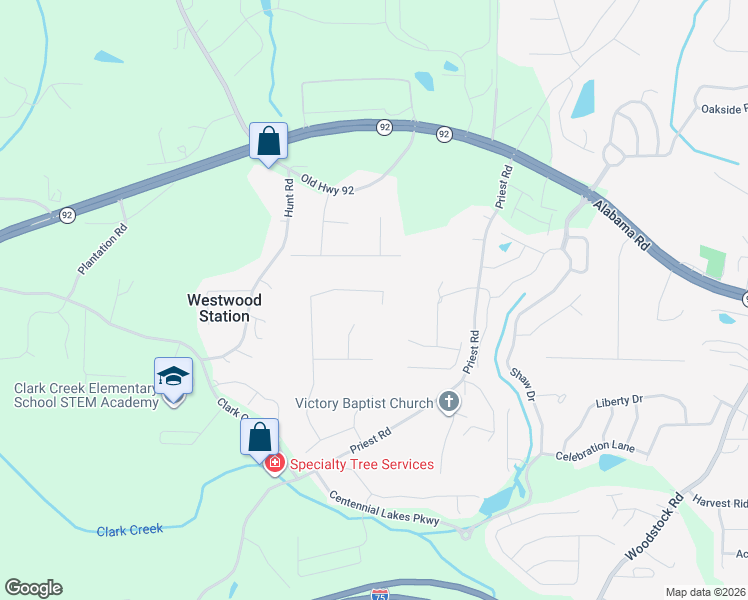 map of restaurants, bars, coffee shops, grocery stores, and more near 2906 Emerald Ln in Acworth