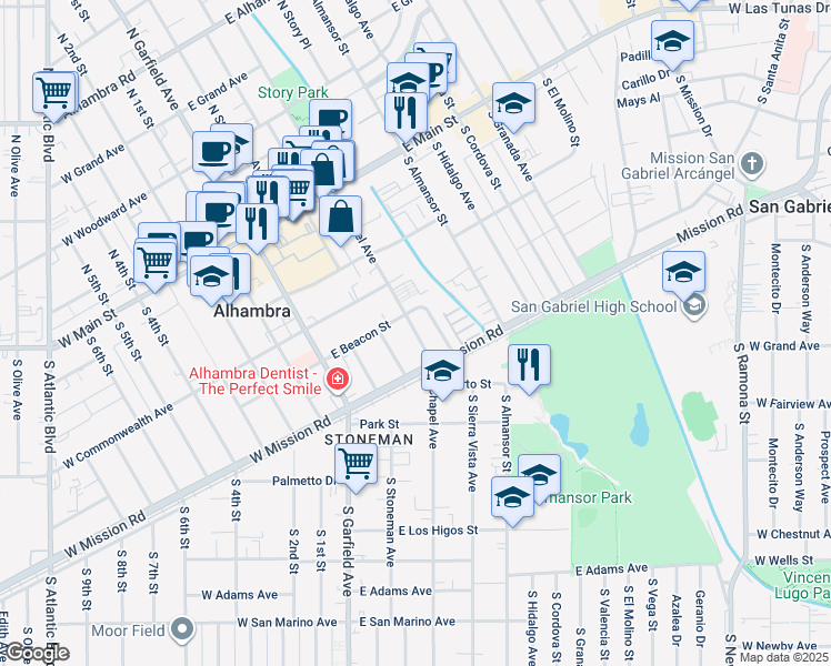 map of restaurants, bars, coffee shops, grocery stores, and more near 415 South Chapel Avenue in Alhambra