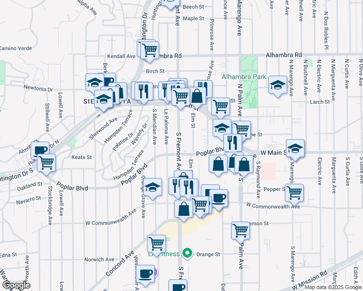 map of restaurants, bars, coffee shops, grocery stores, and more near 222 Fremont Avenue in Alhambra