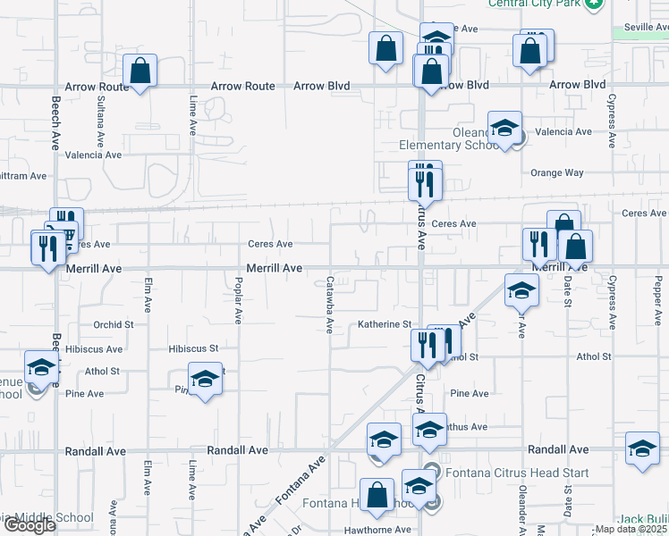 map of restaurants, bars, coffee shops, grocery stores, and more near 15909 Merrill Avenue in Fontana