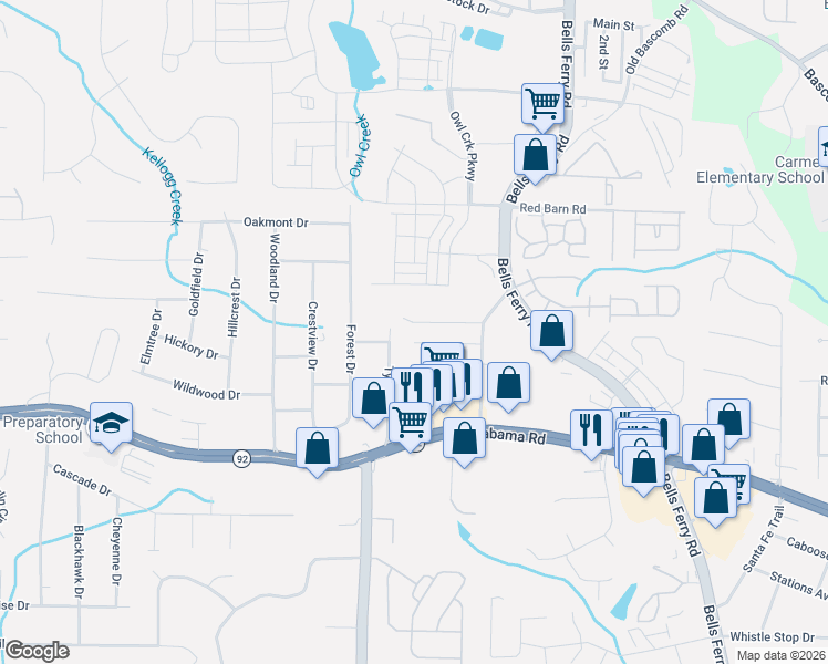 map of restaurants, bars, coffee shops, grocery stores, and more near 1270 Siesta Lane in Acworth