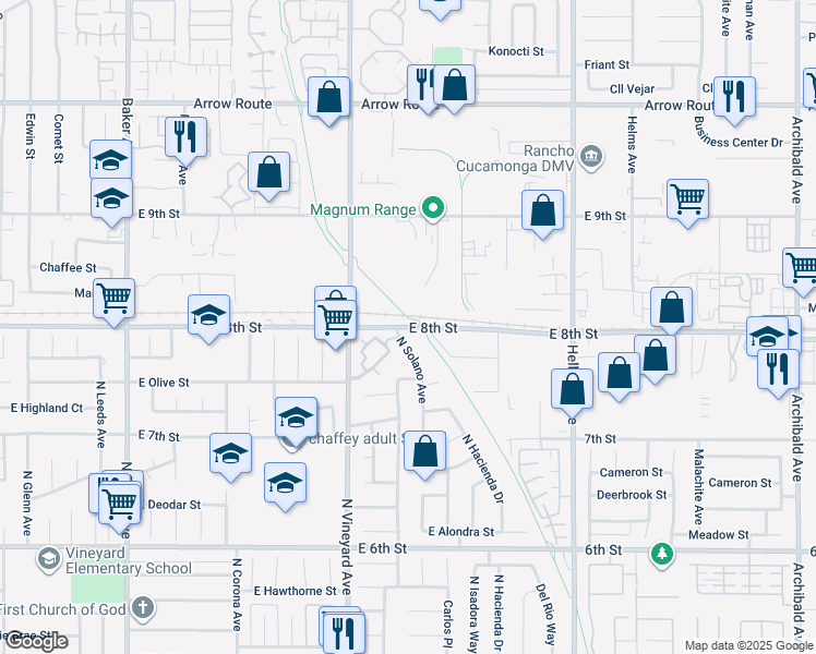 map of restaurants, bars, coffee shops, grocery stores, and more near 9009 8th Street in Rancho Cucamonga