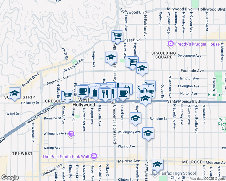 map of restaurants, bars, coffee shops, grocery stores, and more near 1201 North Crescent Heights Boulevard in Los Angeles