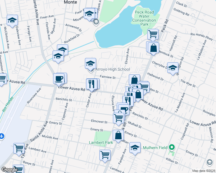 map of restaurants, bars, coffee shops, grocery stores, and more near 11419 Lower Azusa Road in El Monte