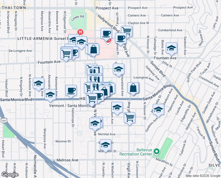 map of restaurants, bars, coffee shops, grocery stores, and more near 1137 North Madison Avenue in Los Angeles