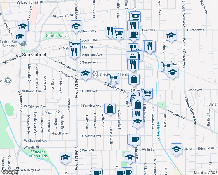 map of restaurants, bars, coffee shops, grocery stores, and more near 826 Lafayette Street in San Gabriel