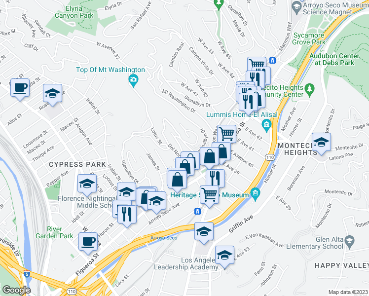 map of restaurants, bars, coffee shops, grocery stores, and more near 437 West Avenue 37 in Los Angeles