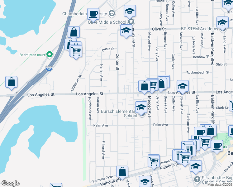 map of restaurants, bars, coffee shops, grocery stores, and more near 13755 Los Angeles Street in Baldwin Park