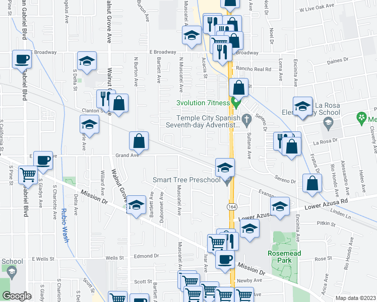 map of restaurants, bars, coffee shops, grocery stores, and more near 8816 East Littlestone Drive in San Gabriel