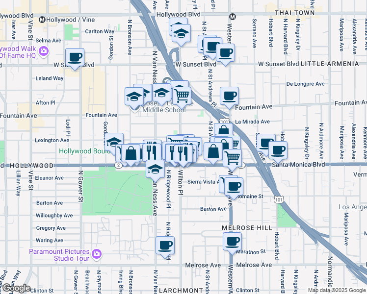 map of restaurants, bars, coffee shops, grocery stores, and more near 5707 Virginia Avenue in Los Angeles