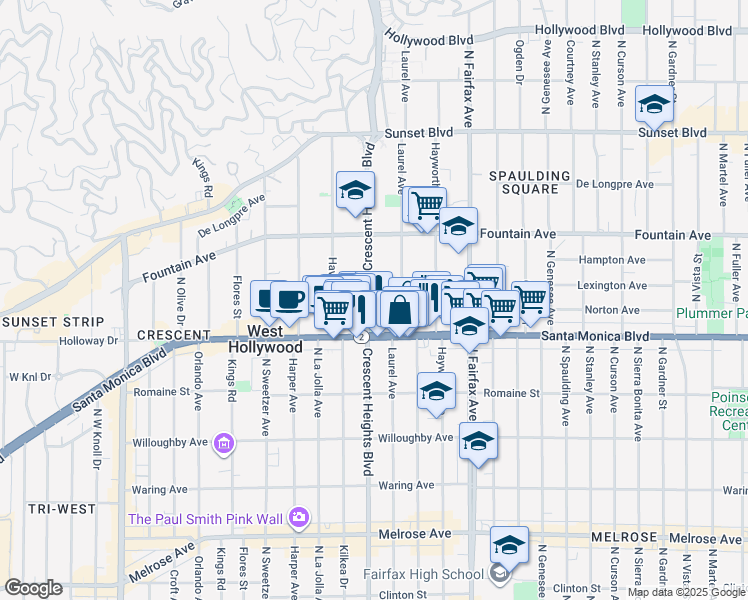 map of restaurants, bars, coffee shops, grocery stores, and more near 8011 Norton Avenue in West Hollywood