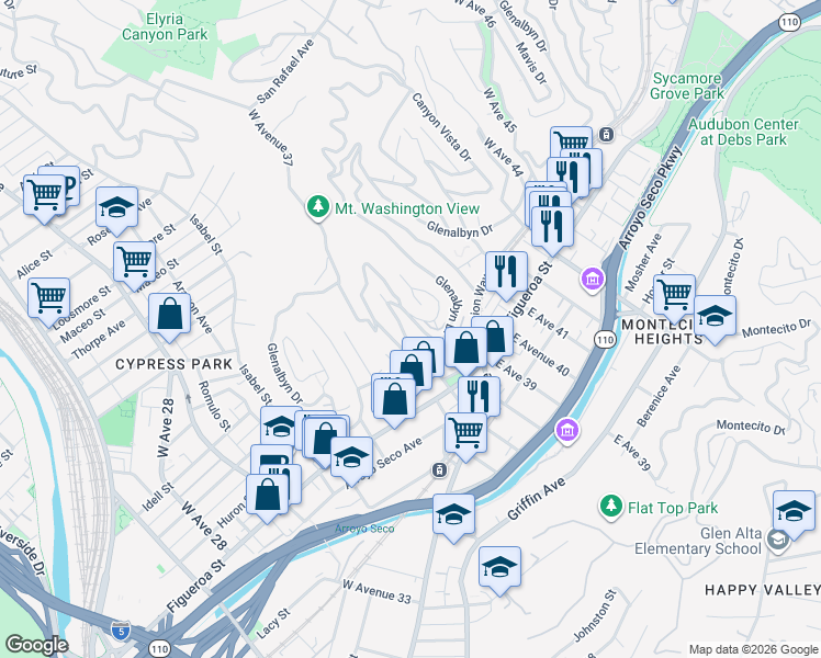 map of restaurants, bars, coffee shops, grocery stores, and more near 3869 Glenalbyn Drive in Los Angeles
