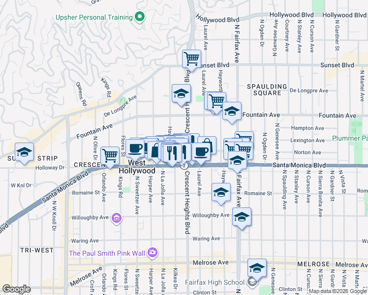 map of restaurants, bars, coffee shops, grocery stores, and more near 1201 North Crescent Heights Boulevard in West Hollywood