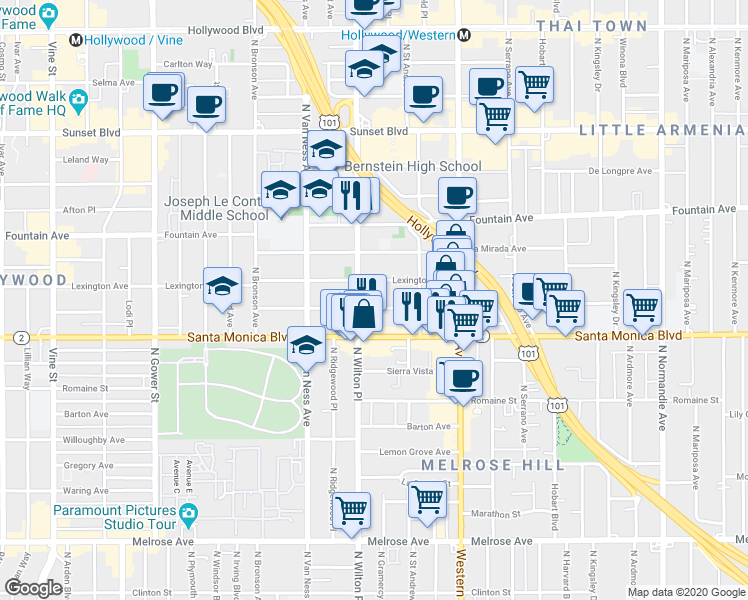 map of restaurants, bars, coffee shops, grocery stores, and more near 5657 Virginia Avenue in Los Angeles