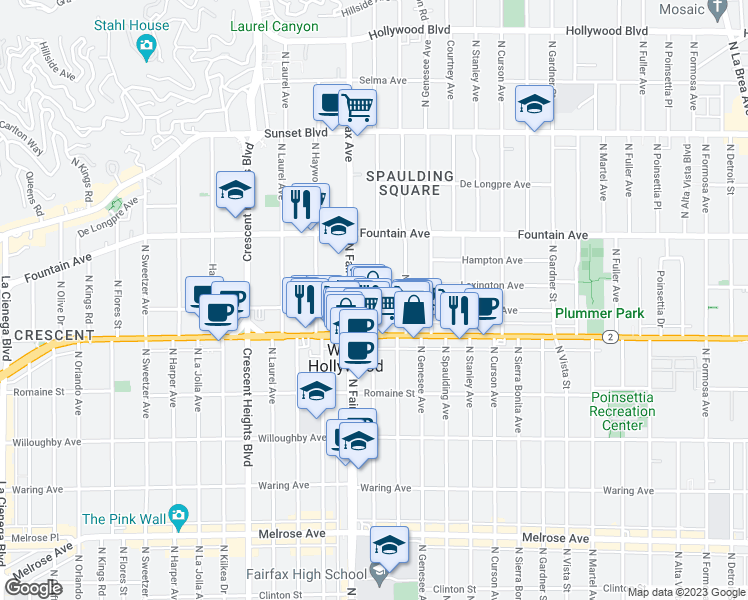 map of restaurants, bars, coffee shops, grocery stores, and more near 1145 North Orange Grove Avenue in West Hollywood