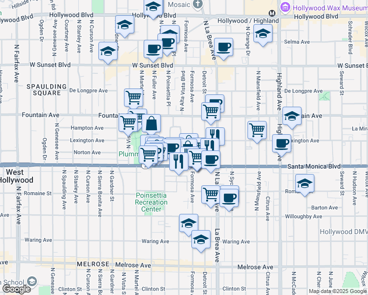 map of restaurants, bars, coffee shops, grocery stores, and more near 1142 North Poinsettia Place in West Hollywood