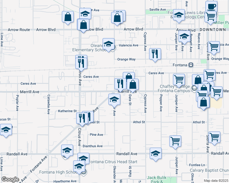 map of restaurants, bars, coffee shops, grocery stores, and more near 7971 Fontana Avenue in Fontana