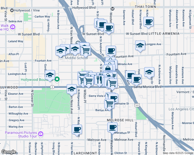 map of restaurants, bars, coffee shops, grocery stores, and more near 5603 Virginia Avenue in Los Angeles