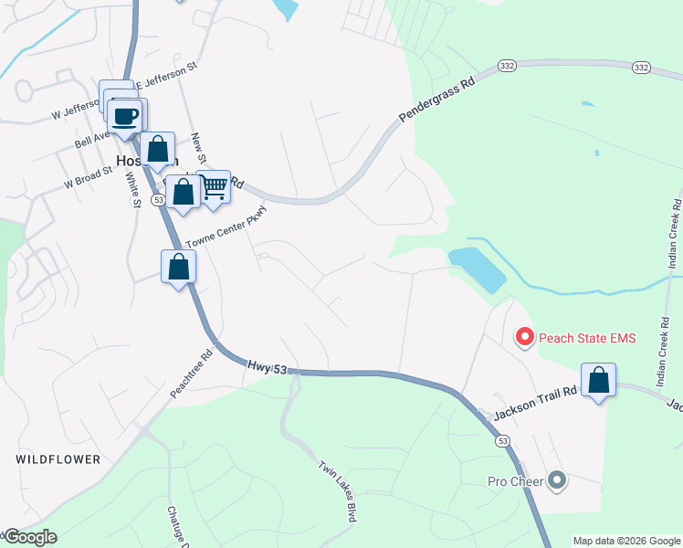 map of restaurants, bars, coffee shops, grocery stores, and more near 94 Jaxton Street in Hoschton