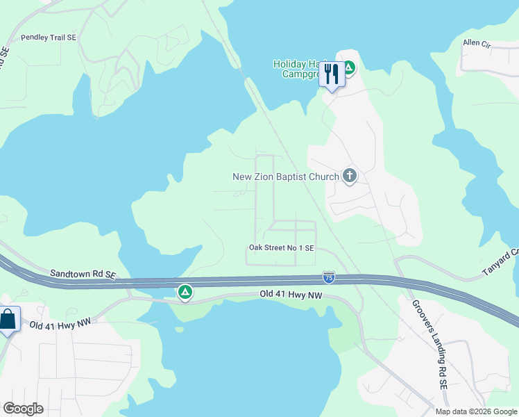 map of restaurants, bars, coffee shops, grocery stores, and more near 136 Stephens Road Southeast in Acworth