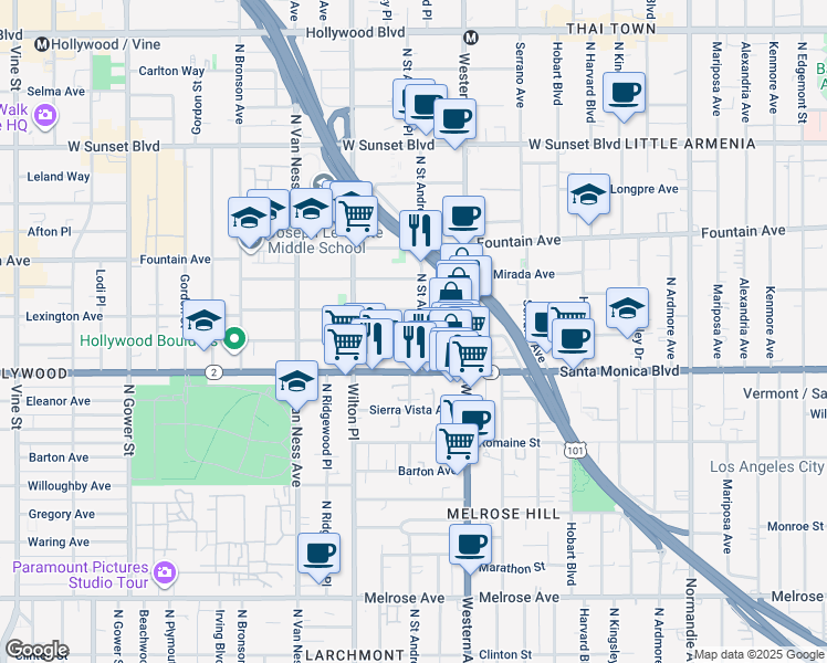 map of restaurants, bars, coffee shops, grocery stores, and more near 5607 Virginia Avenue in Los Angeles