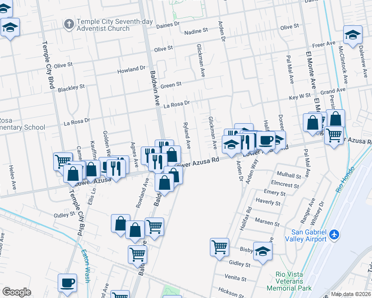 map of restaurants, bars, coffee shops, grocery stores, and more near 4835 Ryland Avenue in Temple City