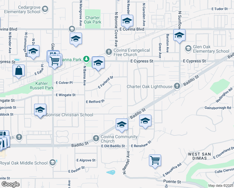 map of restaurants, bars, coffee shops, grocery stores, and more near 1706 East Wingate Street in Covina