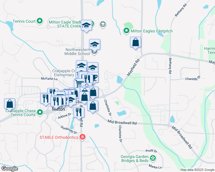 map of restaurants, bars, coffee shops, grocery stores, and more near 900 Mayfield Road in Alpharetta