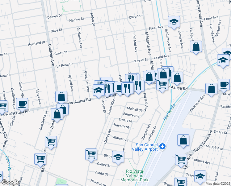 map of restaurants, bars, coffee shops, grocery stores, and more near 10405 Lower Azusa Road in Temple City