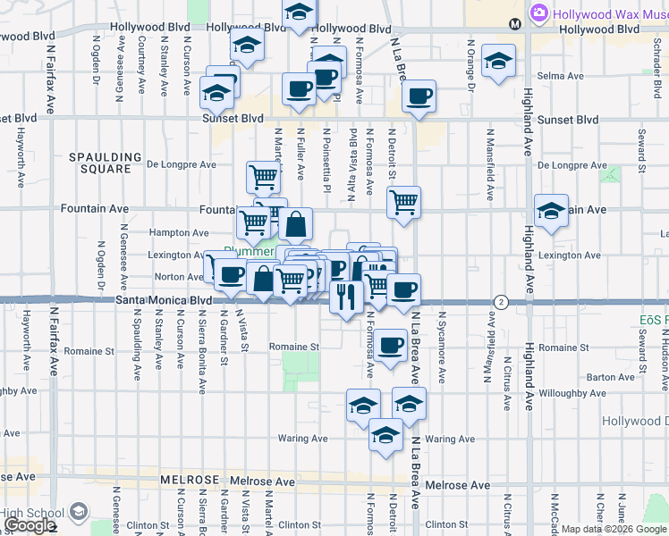 map of restaurants, bars, coffee shops, grocery stores, and more near 1139 Poinsettia Drive in West Hollywood
