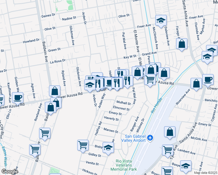 map of restaurants, bars, coffee shops, grocery stores, and more near 10405 Lower Azusa Road in Temple City